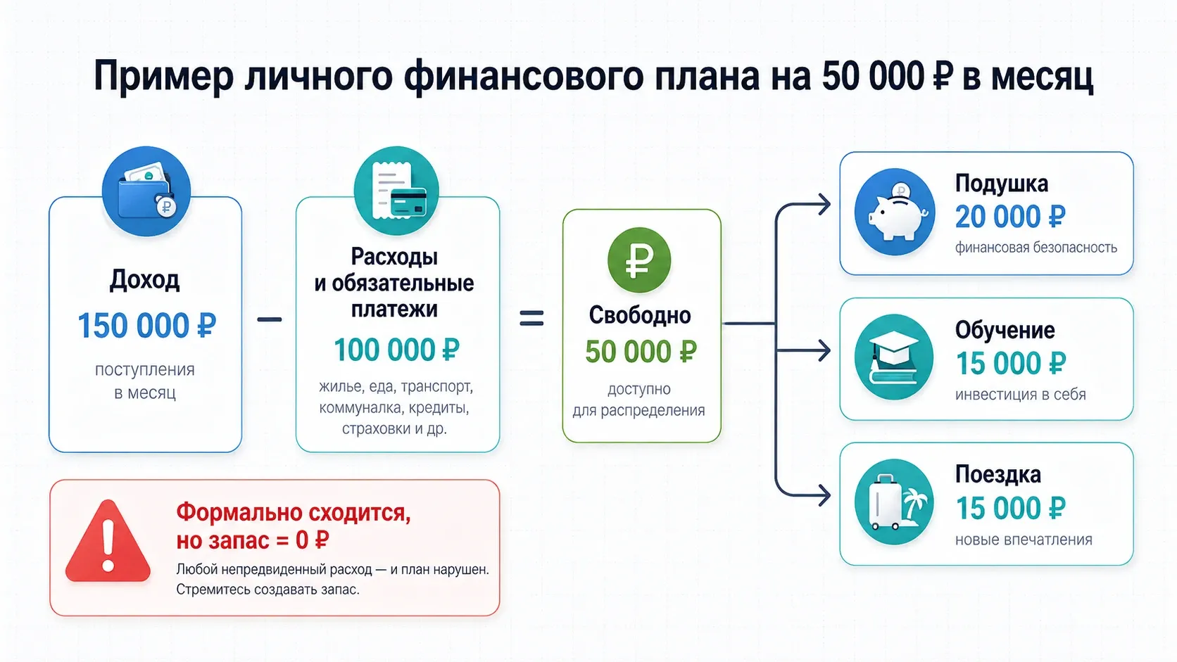 пример распределения 50 тысяч рублей в личном финансовом плане между резервом, обучением и поездкой