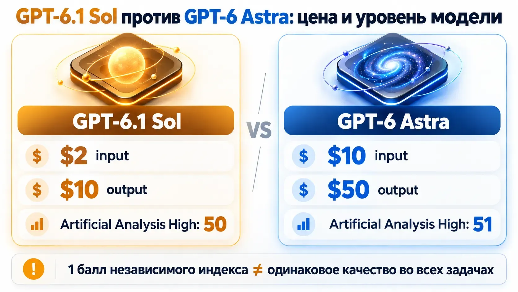 сравнение GPT-6.1 Sol и GPT-6 Astra по цене API и индексу Artificial Analysis
