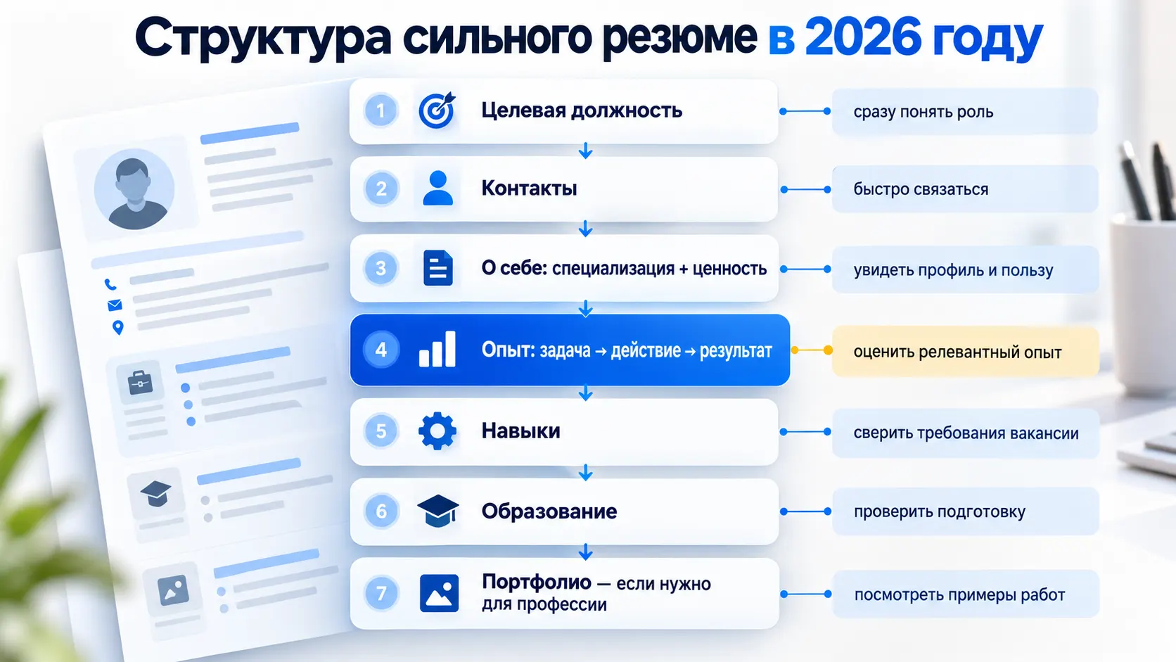 структура резюме в 2026 году с основными разделами от должности до образования и портфолио
