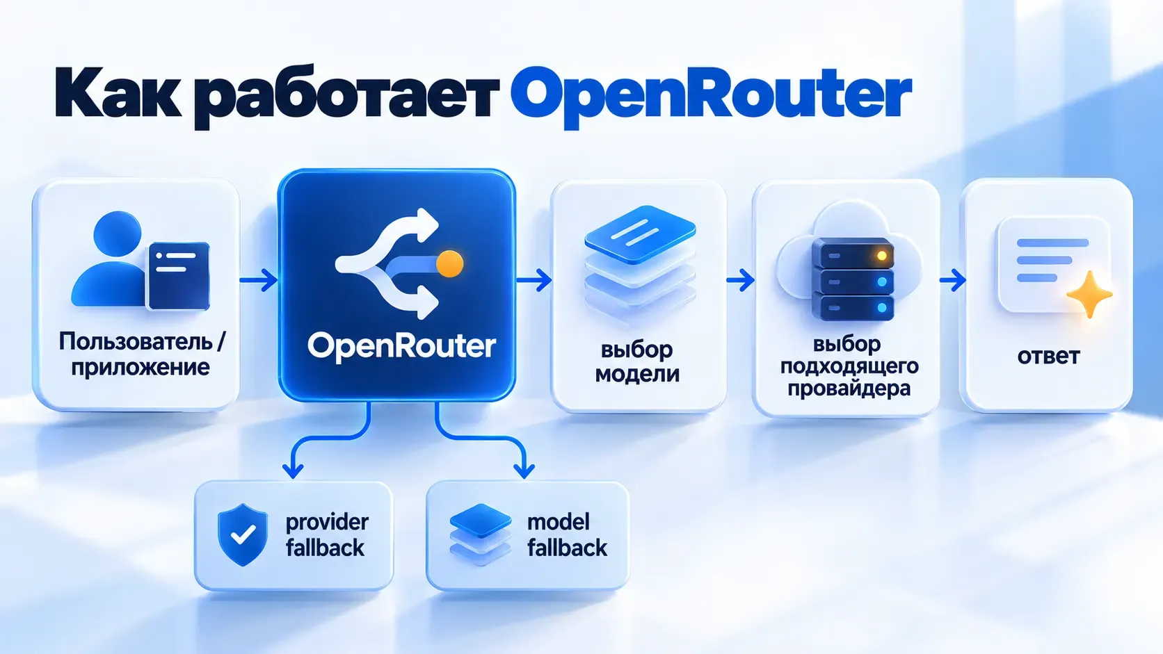 схема работы OpenRouter от запроса пользователя через модель и провайдера до ответа